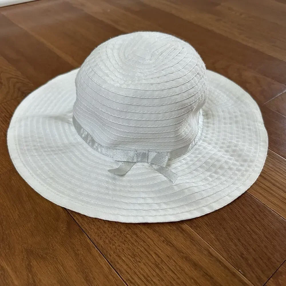 Gymboree Girl's Sun Hat‎ Bonnet Size Medium White Silver Ribbon Bow